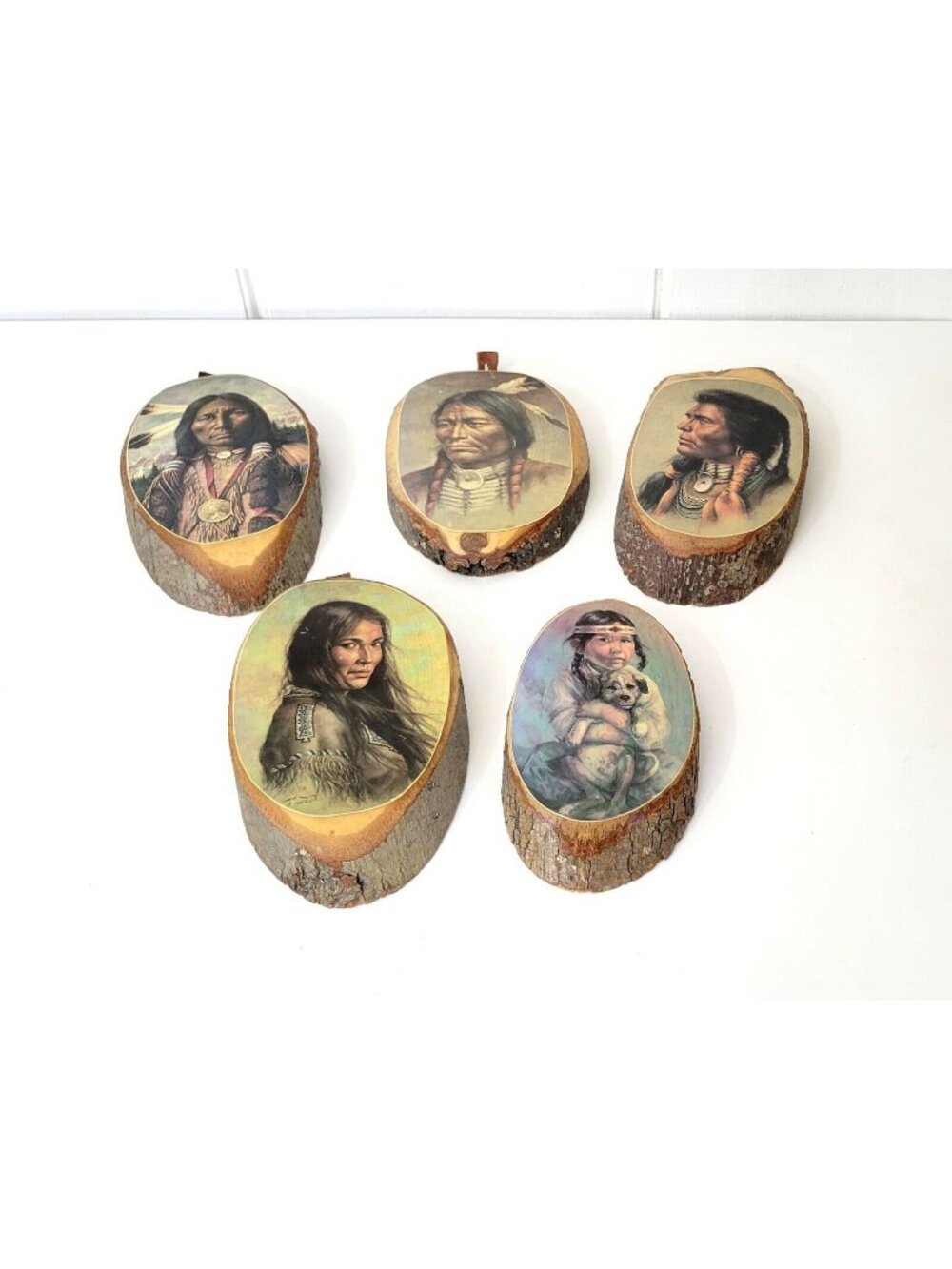 Native American Portraits on Wood Set of Five Vintage Wall Decor